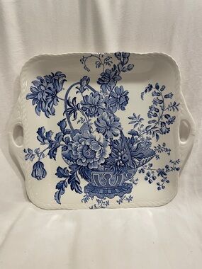 Vintage Blue and White Ceramic Serving Tray with Floral Transfer